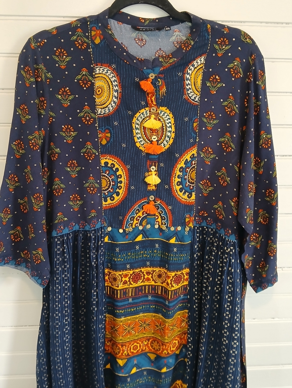 Indian Maxi Dress XXL Melange  Viscose Block Print Festival  Tassels Boho